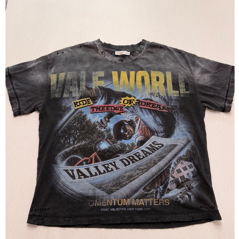 Valley Dreams Vale World Distressed Graphic Tee Mens Large Faded Black BMX Shirt
